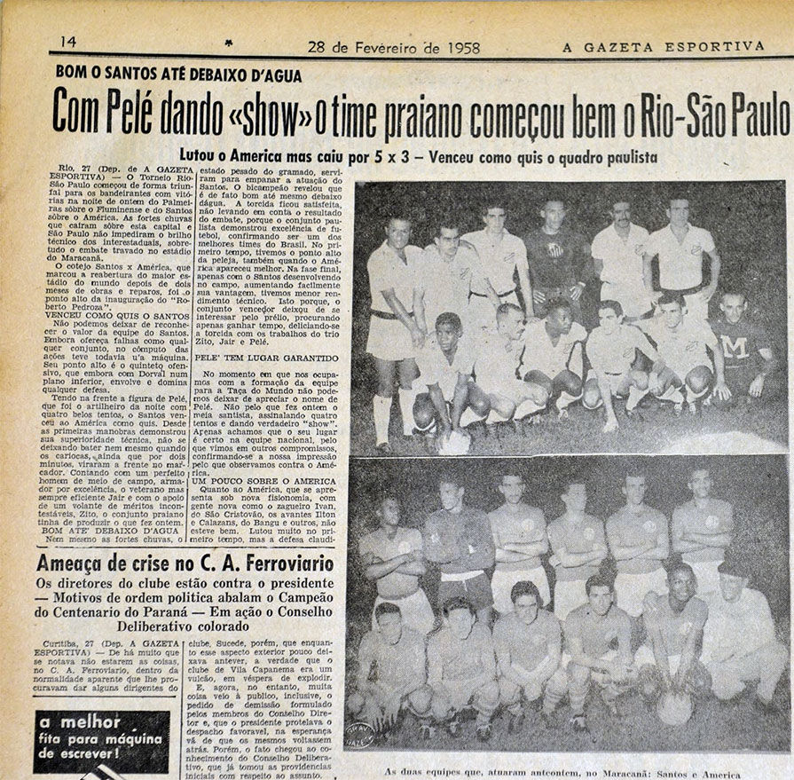 Matéria do jornal A Gazeta Esportiva sobre o jogo Santos 5 x 3 America, em 1958. Foto: Divulgação.